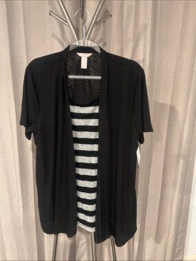 White Stag Black Short-Sleeve Open Cardigan with Gray & Black Striped Tank